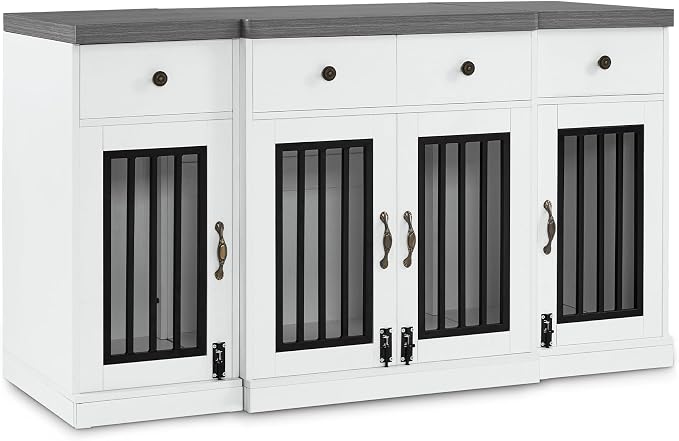 MCombo 55.5" Wooden Dog Crate Furniture with 4 Drawers 1872 White and Grey | 4 Lockable Doors, Indoor as TV Stand, For Medium/Large Dogs, Elegant Handles Design