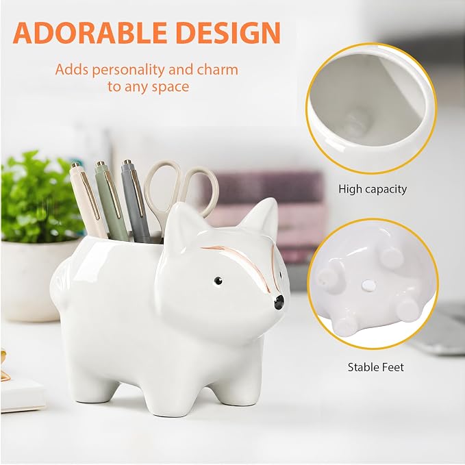 Ceramic Fox Shaped Pen Pencil Holder for Desk Decoration Accessories Fox Decor Makeup Brush Pen Cups Office School Ideal Gifts for Women, Mom or Birthdays