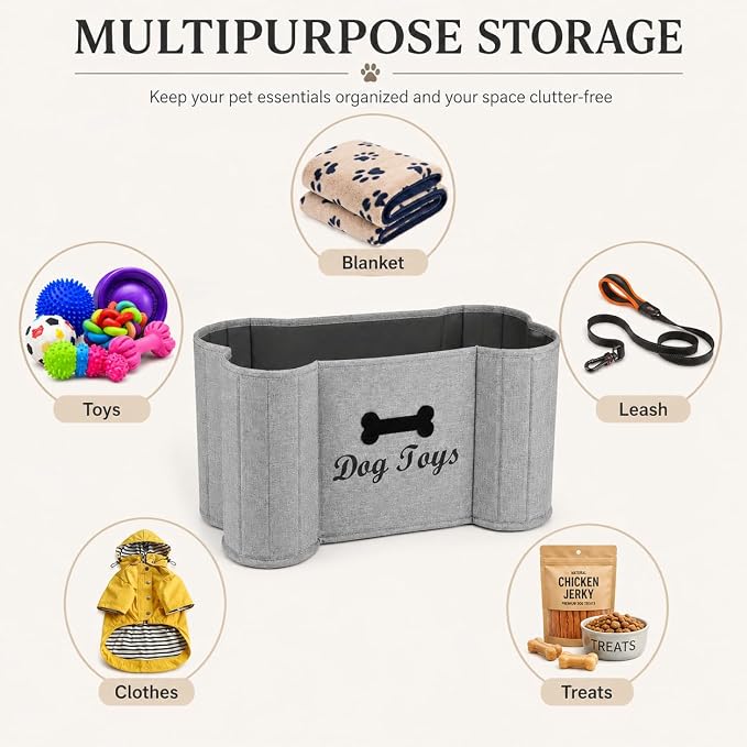 Large Dog Toy Basket Dogs Bone Basket Collapsible Dog Toy Bin Toy Box ,Pet Stuff Organizer, Fabric Puppy Toy Box with Diy Tag -Gray