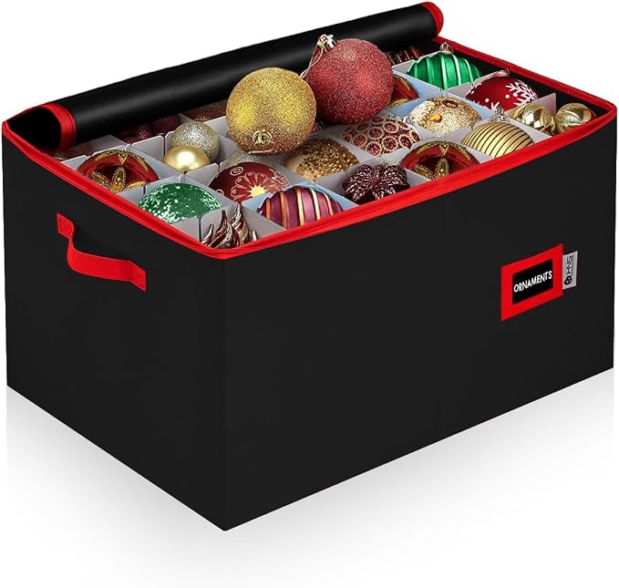 Christmas Ornament Storage Container with Dividers - Box Stores Up to 96 Ornaments, Zippered, Convenient, Adjustable, Large Organizer Bin to Protect Holiday Décor, Fits Most Standard Size, Black