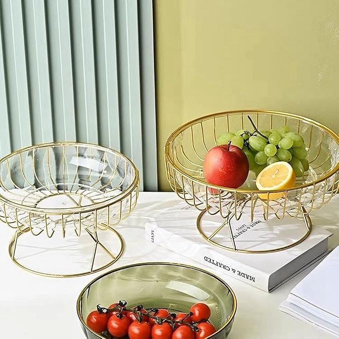 Transparent PET base fruit platter gold stand metal frame snack dessert tray plate, home creative modern living room fruit bowl stand (Transparent)