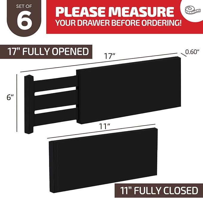 6 Pack Black Drawer Dividers - 6 Inch High for Deep Drawers, Adjustable 11.5 to 17 Inch Expandable Kitchen Drawer Organizer, Spring Loaded Dresser Separator for Clothes, Bedroom, Bathroom, Office