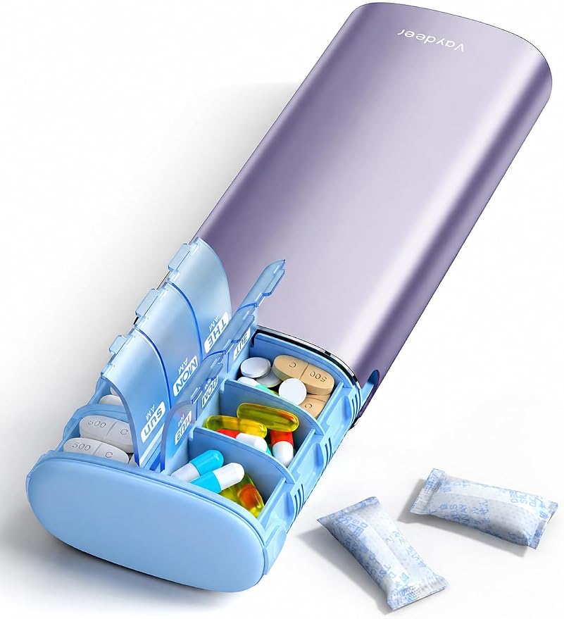Vaydeer Metal 7 Day Travel Pill Organizer 2 Times a Day, Built-in Desiccant | AM PM weekly Travel Pill Case, Twice-Daily，Airtight Large Capacity Pill Box for Vitamins, Medication, Supplements & Fish Oil