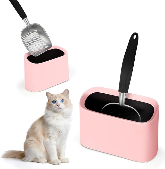 Metal Cat Litter Scoop with Holder, Lidded Caddy Set, Pink | Sifting Slots, Curved Grip, Rinse-Clean Holder, 12 x 4 x 1.5 in Aluminum Scoop, 8 x 2.9 x 5.9 in Lidded Caddy