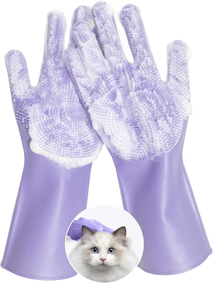 Pet Grooming Gloves for Cats Dogs, 3000 Silicone Grooves Bathing Gloves, Wet Dry Dual Use Washing Massage Gloves, Pet Bath Supplies for Gentle Cleaning Grooming （Purple）