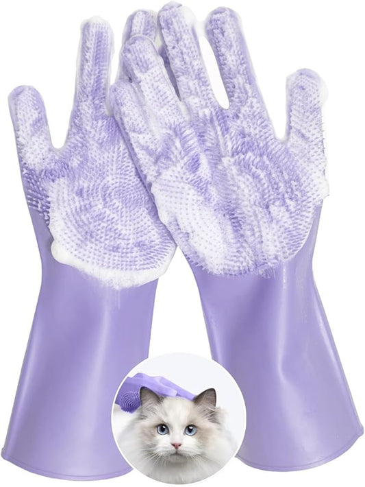 Pet Grooming Gloves for Cats Dogs, 3000 Silicone Grooves Bathing Gloves, Wet Dry Dual Use Washing Massage Gloves, Pet Bath Supplies for Gentle Cleaning Grooming （Purple）