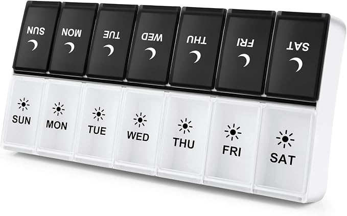 DANYING Large Pill Organizer 2 Times a Day, Weekly Pill Box 2 Per Day, AM PM Pill Case, Day Night Pills Container 7 Day, Vitamin Case Twice a Day, Black & White