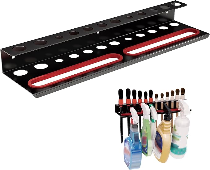 Wall Mount Brush & Spray Bottle Holder Combo Rack for Garage, Detailing Organizer with Mounting Hardware - Holds 12 Brushes & Hanging Rail for Bottles