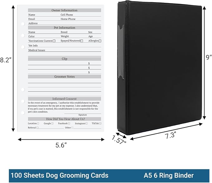 Dog Grooming Cards, Pet Groomer Client Profile Book-Binder, Black | Pet Grooming Client Cards, Kennel Care Client Record Book, Client Profile Cards Dog Grooming Salon
