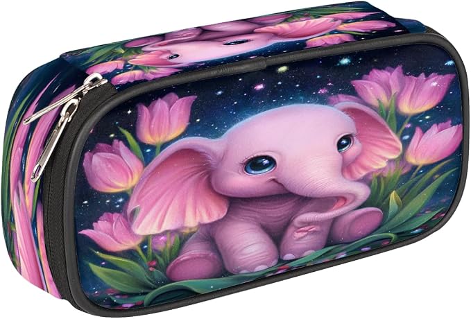 Starry Pink Elephant Tulips Pencil Case Pouch, Big Capacity Waterproof Pen Bag for Students Teens Adults, Large Storage Organizer for Stationery