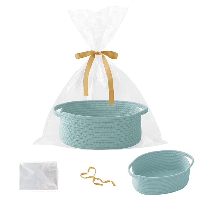 Woven Rope Basket - Baby Gift Basket with Bag & Ribbon, Aqua | Cotton rope with handle, 12 x 8 x 5 in, gift bag and ribbon, for baby shower, birthday, toy storage, nursery, shelf decor