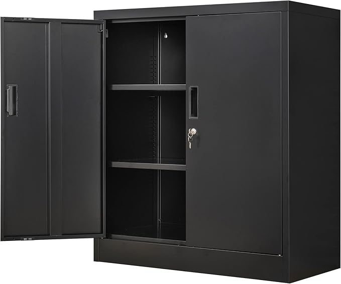 Wanfu Metal Storage Cabinet, 36" H Locking Storage Cabinet with 2 Adjustable Shelves, Metal Cabinets for Garage, Home, Office, Utility Room-Black