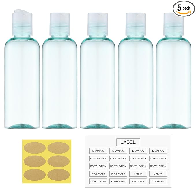 Travel Bottles for Toiletries, 3.4 oz Travel Size Containers, 5pcs, Bgreen | Squeezable empty plastic bottles, TSA approved, leak proof, with labels, for liquids & shampoo lotion, gym essentials