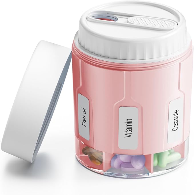 Daviky Pill Bottle Organizer, 7 Large Compartments, Travel Pill Dispenser | Seven large compartments organize daily pills, vitamins and supplements, with dual lids for convenient storage and travel
