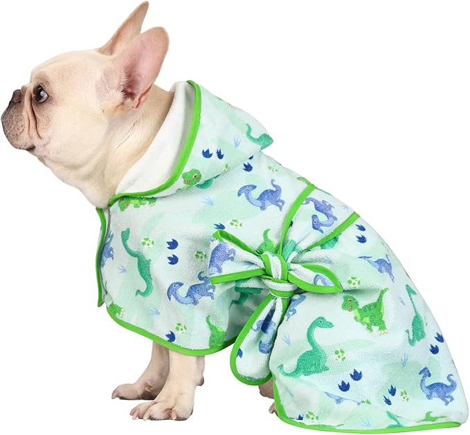 HDE Dog Bathrobe Super Absorbent Quick Drying Puppy Towel Wrap Coat Adjustable After Bath Robes with Hood for Dog Sizes S-XXL Cute Dinosaurs S