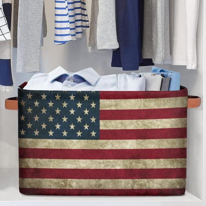 Pardick Storage Basket American USA Flag, Large Foldable Organizer Storage Bins for Shelves, Sturdy Canvas Cubes Storage Boxes with Handles for Toys Closet Nursery Office Living Room 15" x 11" x 9.5"