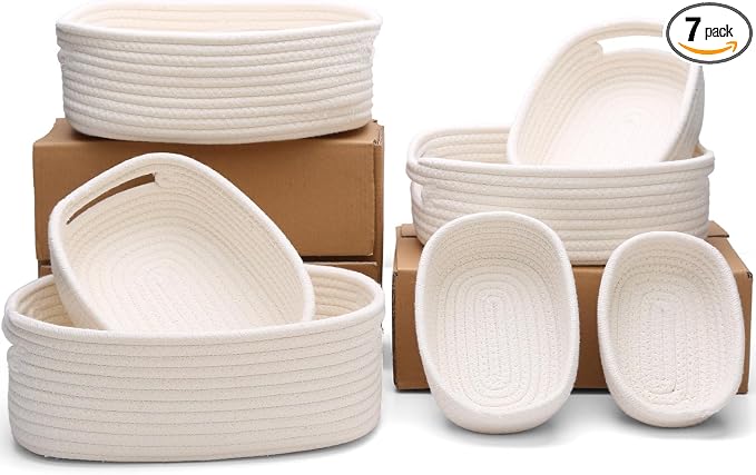 7 Piece Cotton Rope Woven Basket Set - Small Basket for Baby Nursery, Pets, Montessori, Dog & Cat Toy Boxes, Bathroom Organization Bins (White)