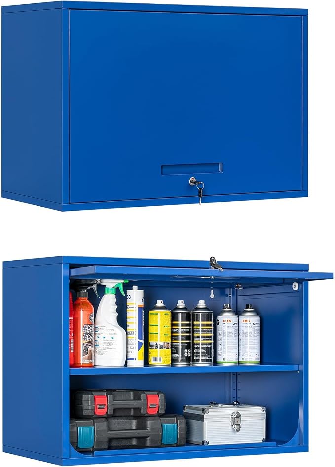 Metal Wall Cabinet with Locking Door and Shelf, Hanging Garage Cabinets with Up-Flip Doors for Garage, Warehouse, Home, Office, Assembly Required (Blue, One Cabinet)