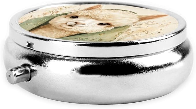 Cute Alpaca Flower Beige Portable Pill Organizer | 3 Compartment, With Mirror, For Men Women, For Daily Supplements, Vitamins, Fish Oil, Jewelry, Candy, Travel