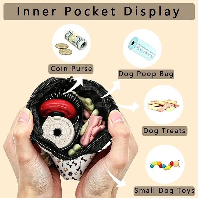 Dog Training Treat Pouch 5.12 x 4.72 Inch Clip on Pet Treat Bag Paw Print Pattern Polyester Portable Snack Reward Dog Food Dispensers with 1 Roll Garbage Bags for Traveling Outdoor Use