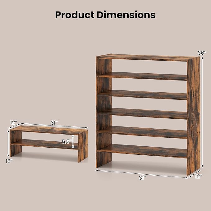 COSTWAY 6-Tier Shoe Rack, Extra Wide Shoe Shelf Organizer | Stackable Design, 31" Freestanding Adjustable Storage Shoe Stand for Small Space Entryway Hallway Closet (2,Rustic Brown)