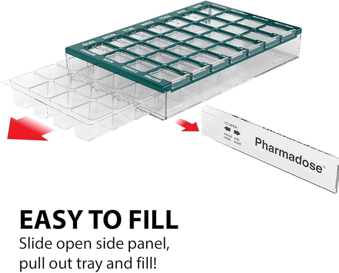 Ezy Dose Pharmadose Weekly 7-Day, 4X/Day Pill Organizer, Green, Small | 28 Small Compartment Pill Case, Medicine Planner, Vitamin Organizer with Easy Fill Tray, BPA Free