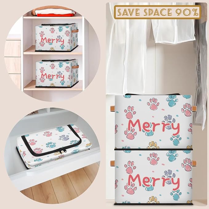 Custom Cute Footprint Storage-Bin With Zipper Lid for Kids-Girls-Boys-Baby-Pet,Personalized Name Foldable Storage Box with Handle,Baby Basket With Label for Bedroom Nursery Toy Clothes,White