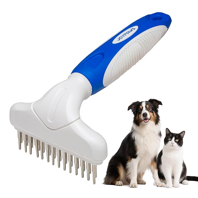 Dog Cat Grooming Tool Rake, Pet Dematting Tool with Stainless Steel Shedding Comb, Double Row Pet Rake Gently Remove Loose or Tangled Hair from Undercoat Blue