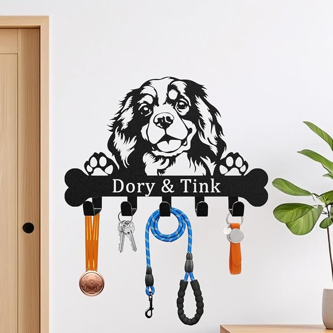 Custom Dog Leash Holder, Cavalier Collar Hanger, Metal Key Holder, Entryway Organizer, Mudroom Decor, Coat Rack, Hooks for Hanging, Hallway Rack, Doorway Decor, New Home Gift, Name Sign