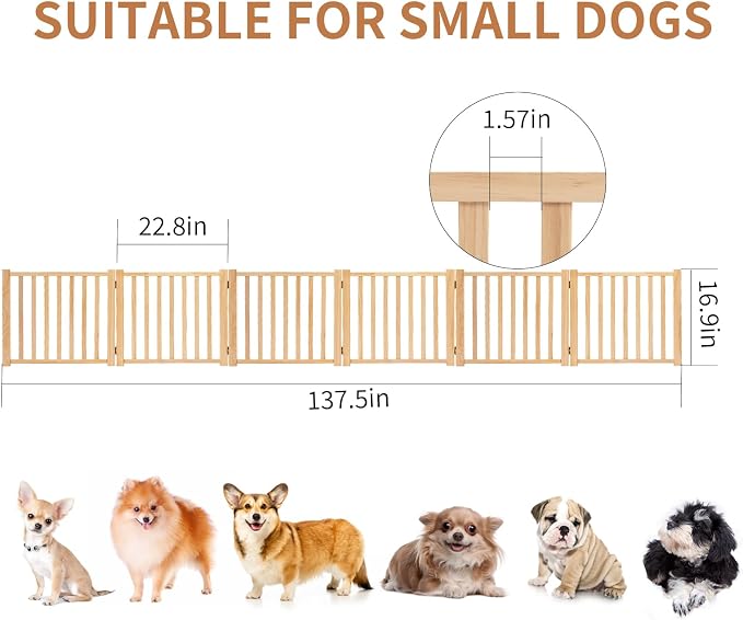 YOCAN Non-Painted Wooden Freestanding Dog Gates - 6 Panel H:16.9" L:138" | Pet Gate for The House,Doorways, Stairs,Wood Dog Fences Indoor Pet Gate,Step Over Fence
