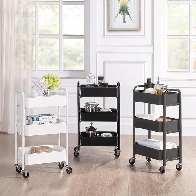 SunnyPoint 3-Tier Delicate Compact Rolling Metal Storage Organizer - Mobile Utility Cart Kitchen/Under Desk Cart with Caster Wheels (Gray, 15.35" X 10.24" X 26.8"H)