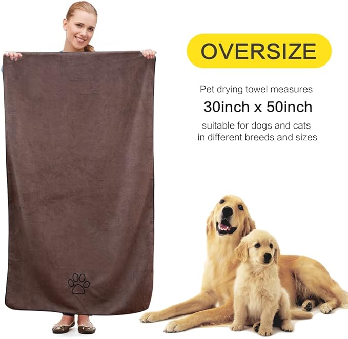 KinHwa Dog Towel Super Absorbent Pet Bath Towel Microfiber Dog Drying Towel for Small, Medium, Large Dogs and Cats 30inch x 50inch Brown