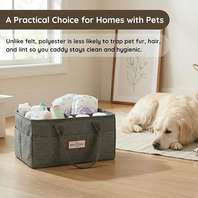 BabyBliss Polyester Diaper Caddy Organizer - Portable Wipe-Clean Nursery Storage Basket with Pockets and Dividers for Diapers, Wipes and Baby Essentials - For Nursery, Living Room and Car