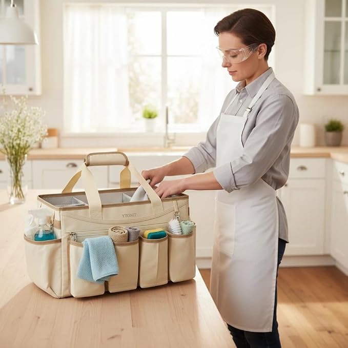 Ytonet Extra Large Cleaning Caddy Bag with Detachable Apron, Cleaning Supplies Organizer with Foldable Dividers, Portable Cleaner Tote with Handle, Cleaner Caddy for Kitchen, Detailing Bag, Apricot