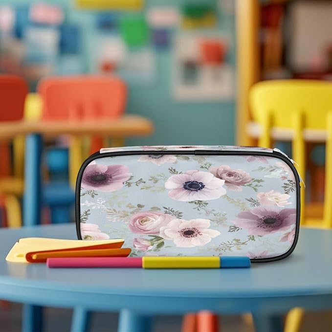 Pencil Case Pouch, Watercolor Light Blue Pink Flower Large Pen Bag with Zipper, Portable Zipper Pencil Pouch Organizer for Student Teen Girls Boys