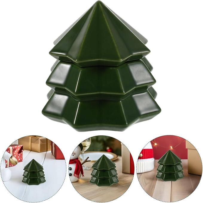LABRIMP Christmas Tree Ceramic Canister with Lid, Holiday Kitchen Storage Jar for Sugar, Candy, and Pet Treats, Green Sealed Food Container for Xmas Countertop Decoration