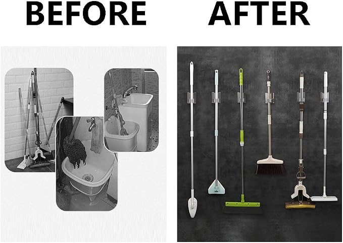 HANZE Stainless Steel Mop Broom Holder Organizer, Self Adhesive Wall Mounted Mop Organizer Storage Rack Clip for Kitchen Bathroom and Garage (Model 2 (2 Pakck))
