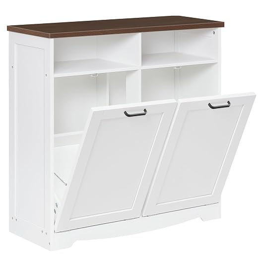 HOOBRO Double Tilt Out Trash Can Cabinet, 20 Gallon Kitchen Trash Bin Cabinet, Hidden Trash Storage with Open Compartments, Hidden Laundry Hamper, for Kitchen, Laundry, White and Walnut WH04LJ01