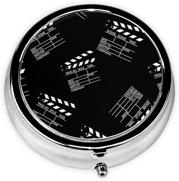 Mini Pill Box, Portable Round Organizer for Daily Vitamins, Travel Pill Case Pocket Purse Use, Waterproof Design for Men Women, Movie Clapboard