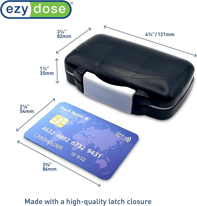 Ezy Dose Moisture-Proof Travel Pill Case, 7 Compartments, Black, Medium | Moisture-Proof Pill Case, Medicine Planner, Vitamin Organizer Box, Travel-Friendly, Latch-Closure to Secure Contents
