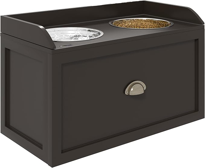 PawHut Dog Feeding Station with Storage Drawer, Dog Food Storage Cabinet with 2 Removable Elevated Pet Bowls for Large Sized Dogs, Coffee | 2 Removable Elevated Pet Bowls, for Large Sized Breeds