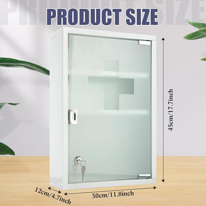 Timgle First Aid Wall Cabinet with Lock Medicine Wall Mounted Bathroom Storage Hanging Medical Cabinet with Safety Glass Door for Bathroom (3 Shelves,White)