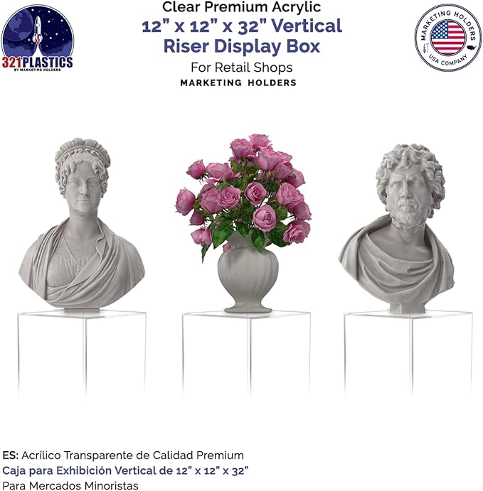 Clear Acrylic Display Riser 12" x 12" x 32" No Lid Platform Display Art Sculpture Flower Pedestal Collectible Cube Acrylic Showcase Stand Expo Event Wedding Reception by Marketing Holders