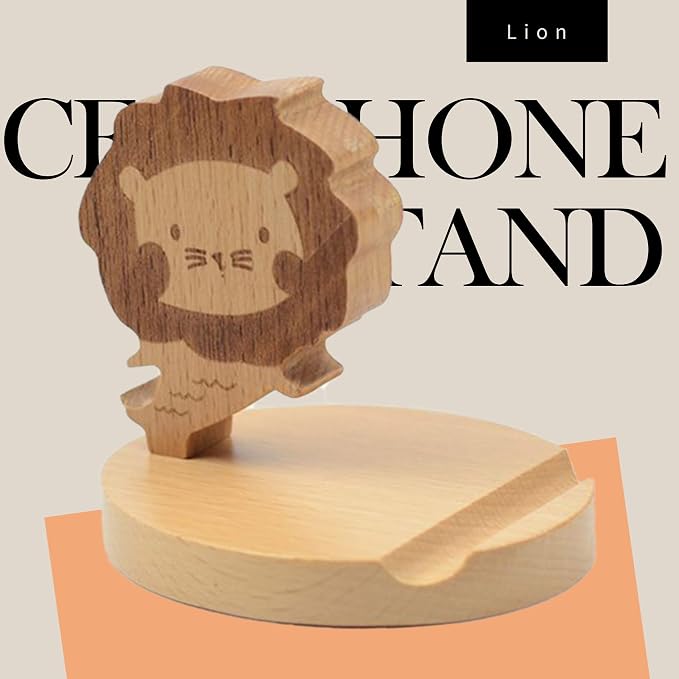 Cell Phone Tablet Wooden Stand Dock Holder Cradle Mount Organizer Charger Station Table Desk Room Office School Kitchen Non-Slip Wood (Lion)
