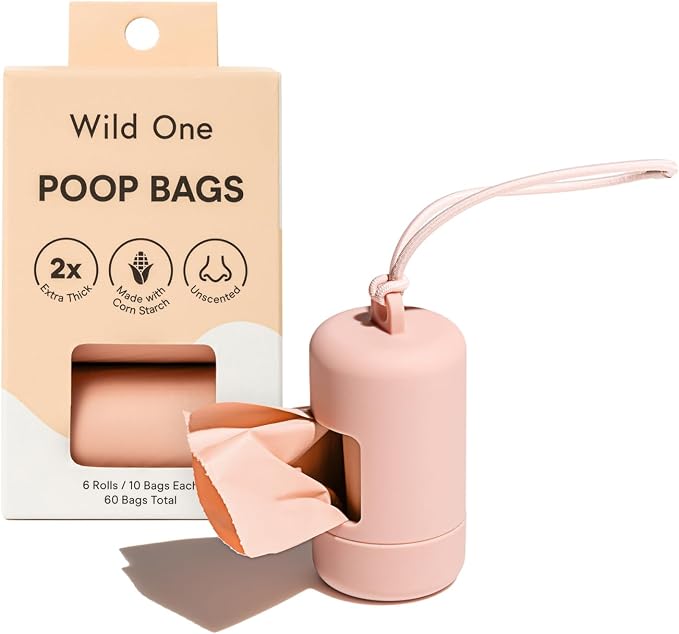 Wild One Dog Poop Bag Holder and Dispenser with Leash Attachment, Leak Proof, Easy Twist Top for Refills, Includes 1 Box Of Bags, Blush