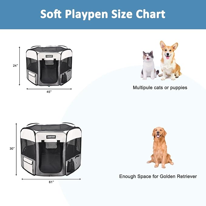 Jespet Soft Dog Playpen, Portable Pet Exercise Pen Kennel with Carry Bag | 2-Door, Easy to Fold, Ground Stakes, Zipper Locks, Large Storage Pocket, Washable Top Mesh Cover & Bottom Cover