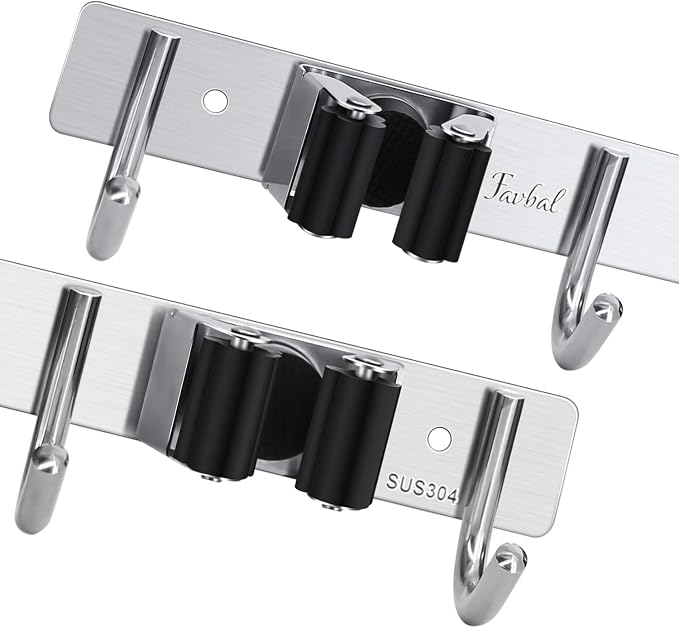 Broom Hanger Wall Mounted, 2PCS Mop and Broom Holder Wall Mount Garage Organization and Storage Stainless Steel Kitchen Tool Organizer Wall Hanger for Laundry Room Garden Garage Closet Kitchen | Stainless Steel Organizer for Garage, Kitchen, Closet & L...