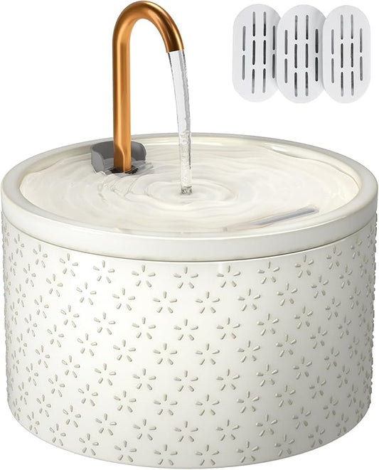 MISFANS Ceramic Cat Water Fountain - 2.1L/71oz - Firework Embossed All-Ceramic Body & Pure Copper Spout - Non-Toxic & Automatic Pet Drinking Fountain Indoor with Ultra-Quiet Pump, 3 Filters & Sponge
