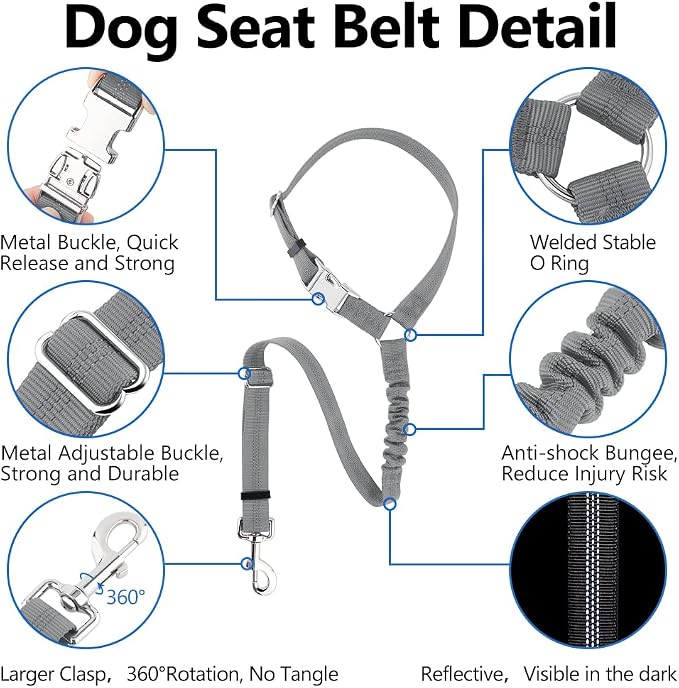 Plutus Pet Dog Seat Belt for Car Headrest, Reflective with Elastic Bungee | Adjustable Restraint for Safety, Vehicle Seatbelt Harness for Small Medium Large Dogs and Cats, Gray