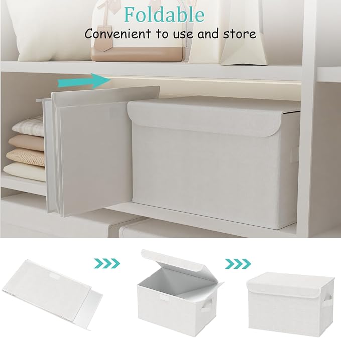 Storage Bin with Lid, Closet Boxes, 4 Pack, White, 10.2x7.9x6.7 In | Fabric Clothing Basket with Cover, Collapsible Stackable Organizer Cubes with 2 Handles, for Closets and Bathroom Vanities